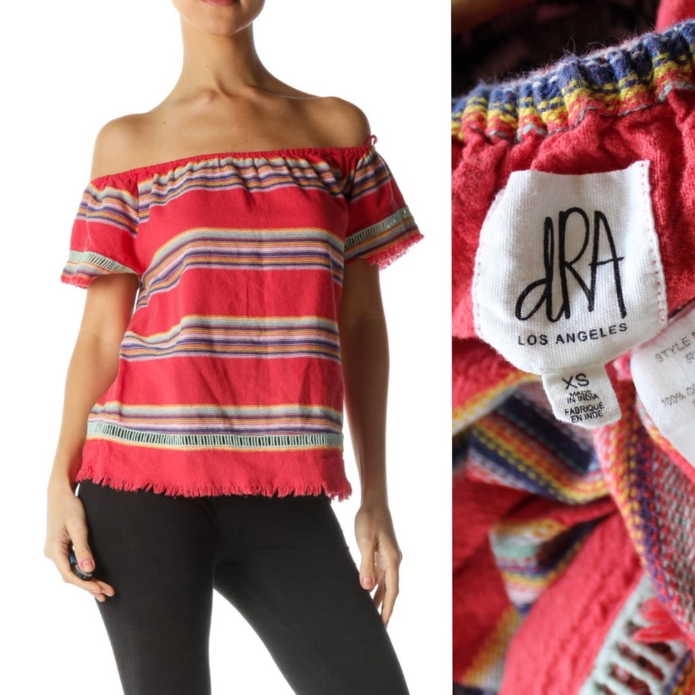 Anthro dRA Off Shoulder Striped Top with Boho Fringe Hem XS Preowned